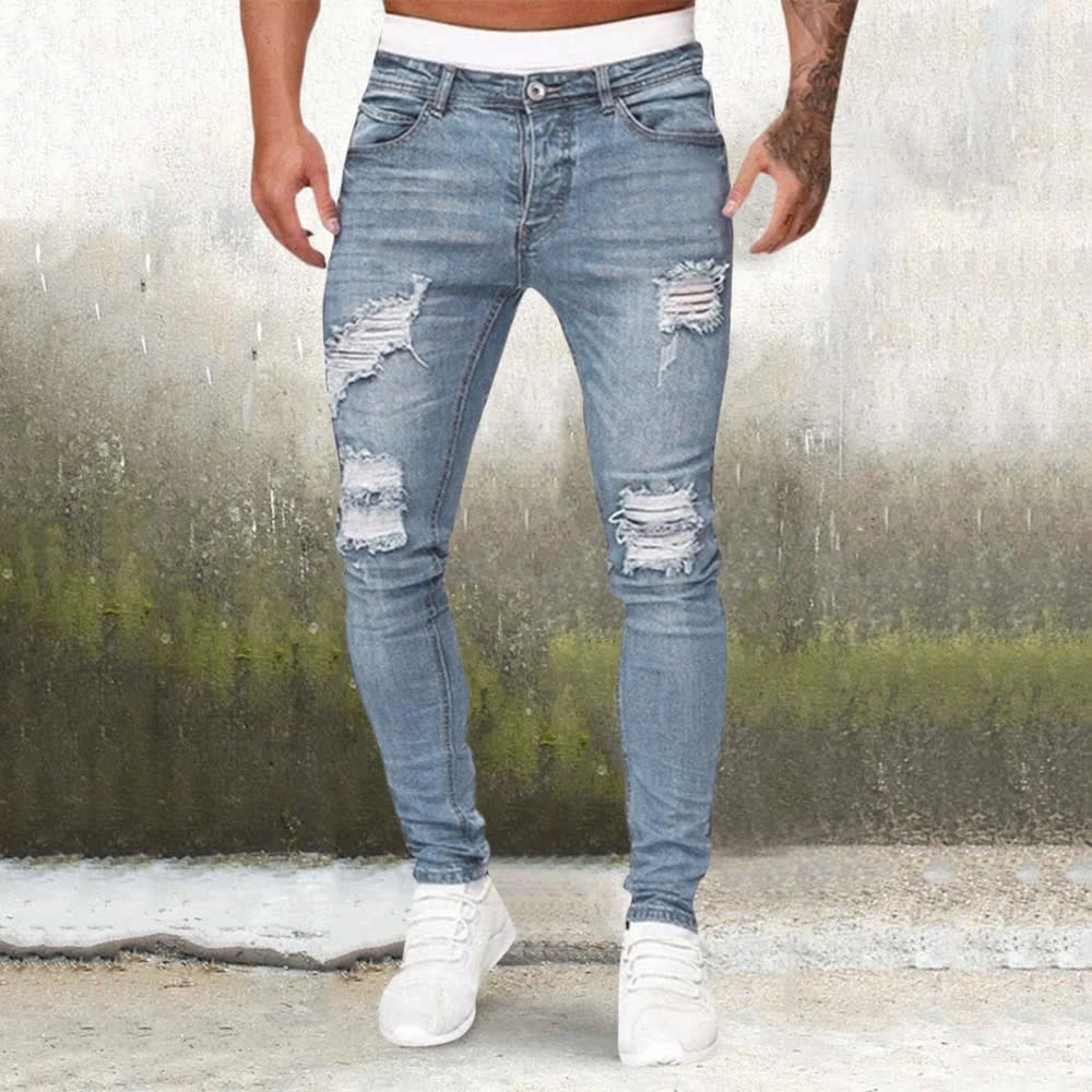 2024 Men's Fashion Street Style Ripped Skinny Jeans: Stretchy Destroyed Slim Fit Denim Pants